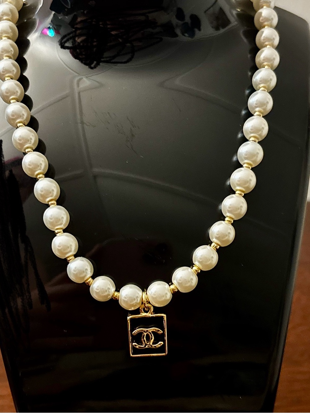Brand New Hand Made White Pearl Necklace with Gold Square Pendant